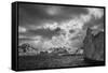 South Georgia Island. Black and white Landscape of iceberg floating and mountain scenery.-Howie Garber-Framed Stretched Canvas