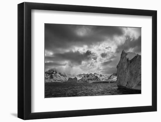 South Georgia Island. Black and white Landscape of iceberg floating and mountain scenery.-Howie Garber-Framed Photographic Print