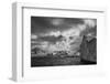 South Georgia Island. Black and white Landscape of iceberg floating and mountain scenery.-Howie Garber-Framed Photographic Print