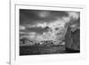 South Georgia Island. Black and white Landscape of iceberg floating and mountain scenery.-Howie Garber-Framed Photographic Print