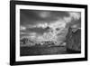 South Georgia Island. Black and white Landscape of iceberg floating and mountain scenery.-Howie Garber-Framed Photographic Print