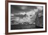 South Georgia Island. Black and white Landscape of iceberg floating and mountain scenery.-Howie Garber-Framed Photographic Print