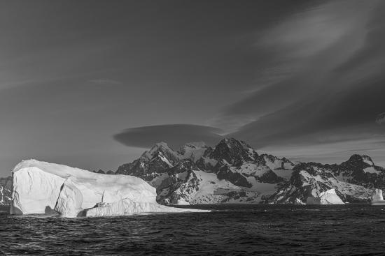 'South Georgia Island. Black and white Landscape with Icebergs