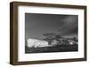 South Georgia Island. Black and white Landscape with Icebergs, mountain, snow and clouds.-Howie Garber-Framed Photographic Print