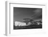 South Georgia Island. Black and white Landscape with Icebergs, mountain, snow and clouds.-Howie Garber-Framed Photographic Print