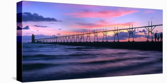 South Haven Lighthouse and pier at dusk, South Haven, Michigan, USA-null-Stretched Canvas