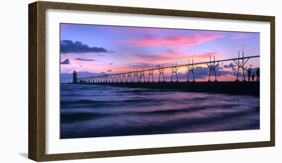 South Haven Lighthouse and pier at dusk, South Haven, Michigan, USA-null-Framed Photographic Print