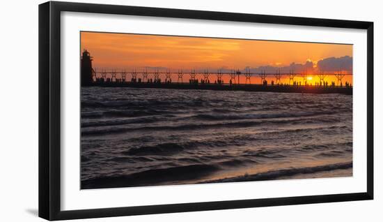 South Haven Lighthouse and pier at sunset, South Haven, Michigan, USA-null-Framed Premium Photographic Print