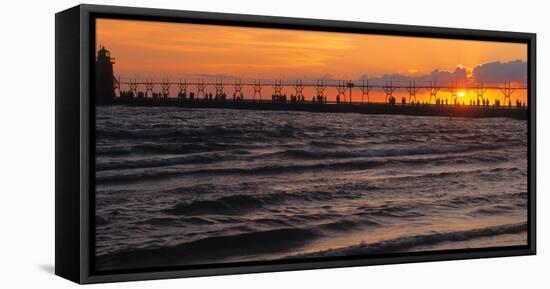 South Haven Lighthouse and pier at sunset, South Haven, Michigan, USA-null-Framed Stretched Canvas