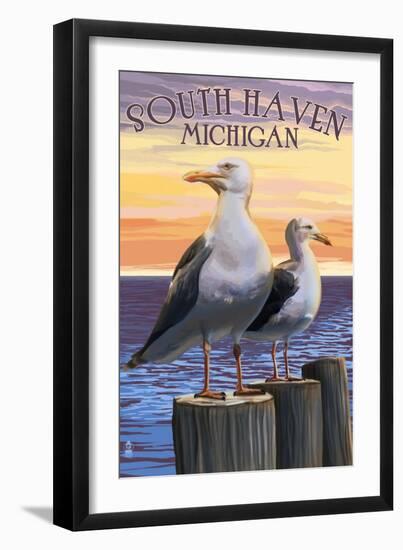 South Haven, Michigan - Seagulls-Lantern Press-Framed Art Print