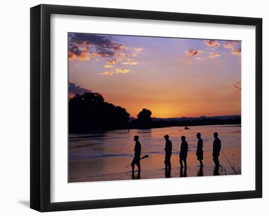 South Luangwa National Park, Walking Safari Crosses Kapamba River at Sunset, Zambia-John Warburton-lee-Framed Photographic Print