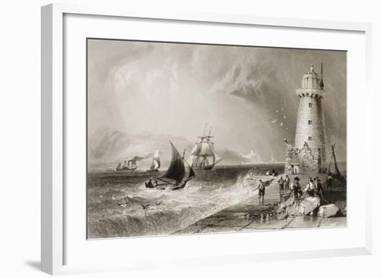 South Wall Lighthouse with Howth Hill in the Distance, Dublin-William Henry Bartlett-Framed Giclee Print