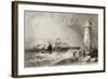 South Wall Lighthouse with Howth Hill in the Distance, Dublin-William Henry Bartlett-Framed Giclee Print