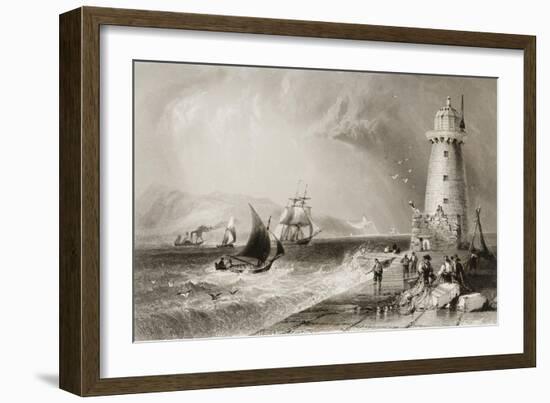 South Wall Lighthouse with Howth Hill in the Distance, Dublin-William Henry Bartlett-Framed Giclee Print