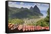 Souvenir Stall with View of the Pitons and Soufriere-Eleanor-Framed Stretched Canvas