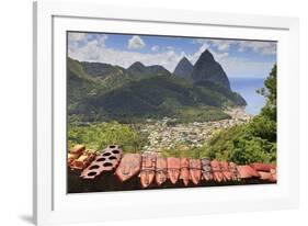 Souvenir Stall with View of the Pitons and Soufriere-Eleanor-Framed Photographic Print