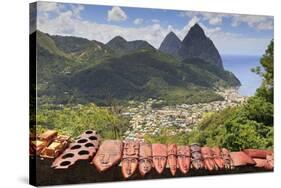 Souvenir Stall with View of the Pitons and Soufriere-Eleanor-Stretched Canvas