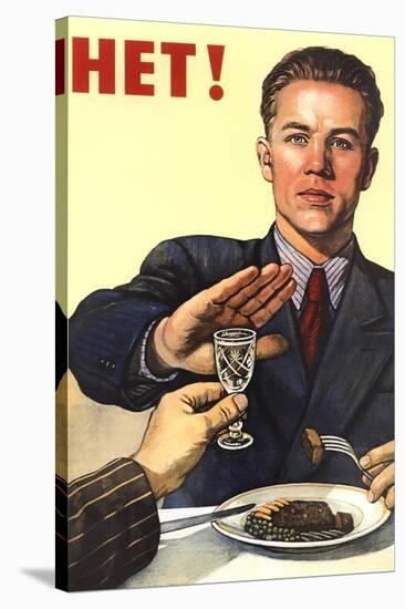 Soviet Union history print of a man refusing a drink, related to anti-alcohol propaganda.-Vernon Lewis Gallery-Stretched Canvas