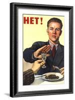 Soviet Union history print of a man refusing a drink, related to anti-alcohol propaganda.-Vernon Lewis Gallery-Framed Art Print