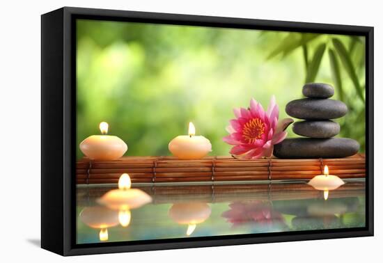 Spa Still Life with Burning Candles,Zen Stone and Bamboo Mat Reflected in a Serenity Pool-Sofiaworld-Framed Stretched Canvas