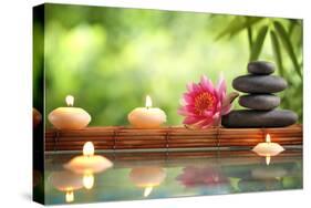 Spa Still Life with Burning Candles,Zen Stone and Bamboo Mat Reflected in a Serenity Pool-Sofiaworld-Stretched Canvas