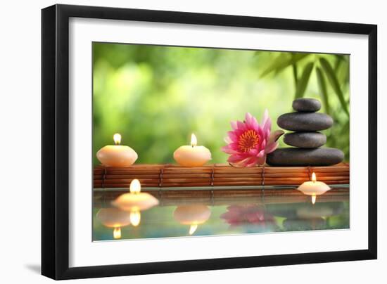 Spa Still Life with Burning Candles,Zen Stone and Bamboo Mat Reflected in a Serenity Pool-Sofiaworld-Framed Premium Photographic Print