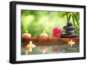 Spa Still Life with Burning Candles,Zen Stone and Bamboo Mat Reflected in a Serenity Pool-Sofiaworld-Framed Premium Photographic Print