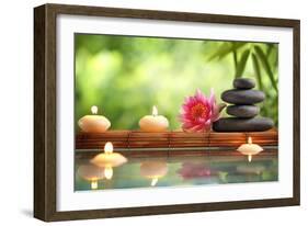 Spa Still Life with Burning Candles,Zen Stone and Bamboo Mat Reflected in a Serenity Pool-Sofiaworld-Framed Photographic Print