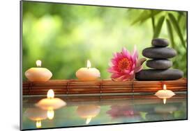 Spa Still Life with Burning Candles,Zen Stone and Bamboo Mat Reflected in a Serenity Pool-Sofiaworld-Mounted Photographic Print