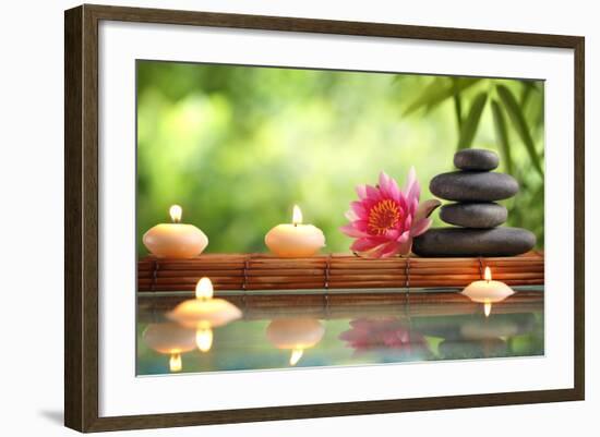 Spa Still Life with Burning Candles,Zen Stone and Bamboo Mat Reflected in a Serenity Pool-Sofiaworld-Framed Photographic Print