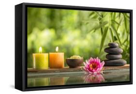 Spa Still Life with Burning Candles,Zen Stone and Salt Reflected in a Serenity Pool-Sofiaworld-Framed Stretched Canvas