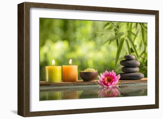 Spa Still Life with Burning Candles,Zen Stone and Salt Reflected in a Serenity Pool-Sofiaworld-Framed Photographic Print