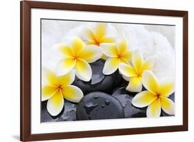 Spa Still Life with Frangipani Flowers,White Towel and Zen Stone-Liang Zhang-Framed Photographic Print