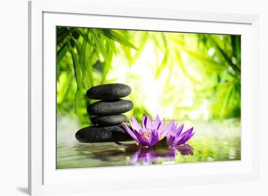 Spa Still Life with Lotus and Zen Stone on Water,Bamboo Background.-Liang Zhang-Framed Photographic Print