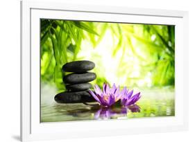 Spa Still Life with Lotus and Zen Stone on Water,Bamboo Background.-Liang Zhang-Framed Photographic Print