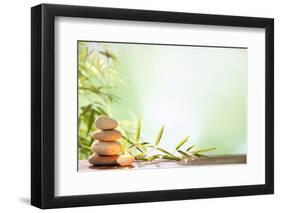 Spa Still Life with Stacked of Stone,Burning Candle and Bamboo Leaf-Liang Zhang-Framed Photographic Print