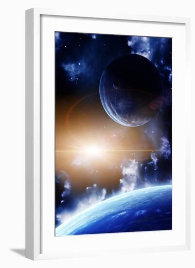 Space Flare. A Beautiful Space Scene With Planets And Nebula-frenta-Framed Art Print