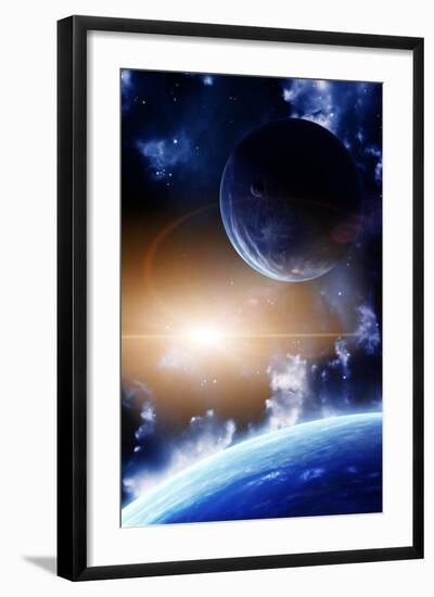 Space Flare. A Beautiful Space Scene With Planets And Nebula-frenta-Framed Art Print