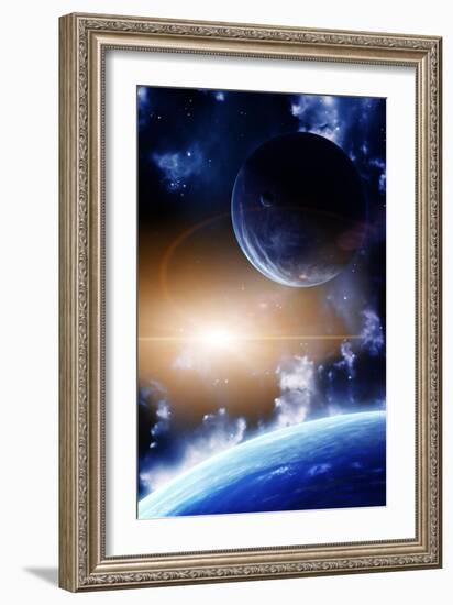 Space Flare. A Beautiful Space Scene With Planets And Nebula-frenta-Framed Art Print