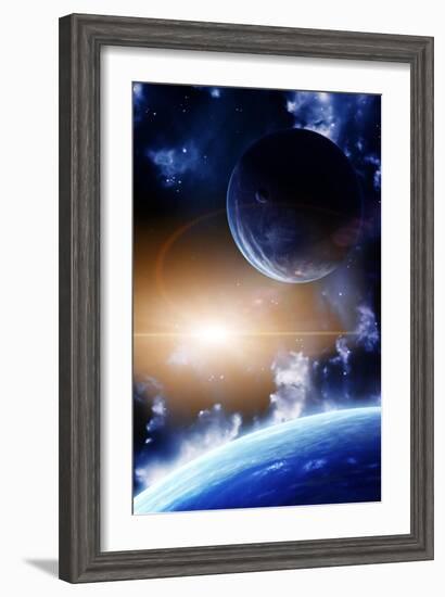 Space Flare. A Beautiful Space Scene With Planets And Nebula-frenta-Framed Art Print