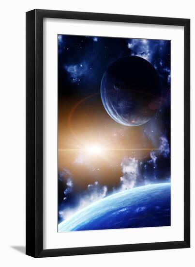 Space Flare. A Beautiful Space Scene With Planets And Nebula-frenta-Framed Art Print