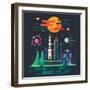 Space Landscape, Rocket Launch on the Background of a Sunset. the Sun, Planets, Stars, Comets, Moon-Beresnev-Framed Art Print