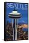 Space Needle Aerial View - Seattle, WA-Lantern Press-Framed Stretched Canvas