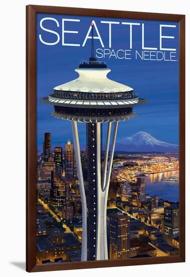 Space Needle Aerial View - Seattle, WA-Lantern Press-Framed Art Print