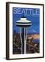 Space Needle Aerial View - Seattle, WA-Lantern Press-Framed Art Print