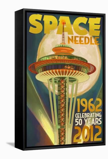 Space Needle and Full Moon - Seattle, WA-Lantern Press-Framed Stretched Canvas
