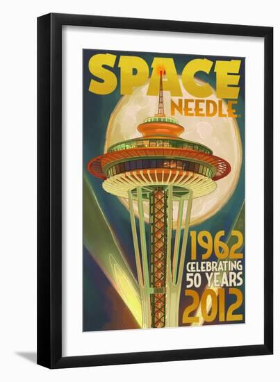 Space Needle and Full Moon - Seattle, WA-Lantern Press-Framed Art Print