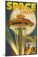 Space Needle and Full Moon - Seattle, WA-Lantern Press-Mounted Art Print