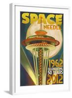 Space Needle and Full Moon - Seattle, WA-Lantern Press-Framed Art Print