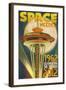 Space Needle and Full Moon - Seattle, WA-Lantern Press-Framed Art Print